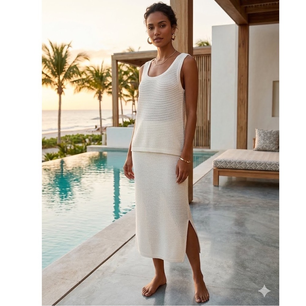 Simply‎ Vera Vera Wang White Crochet Knit 2 Piece Set Tank Midi Skirt XXL L